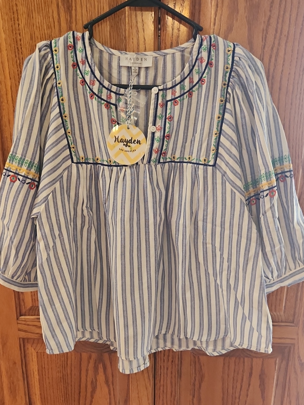 Hayden Los Angeles blouse boho top vertical blue & white stripes embroidery NWT